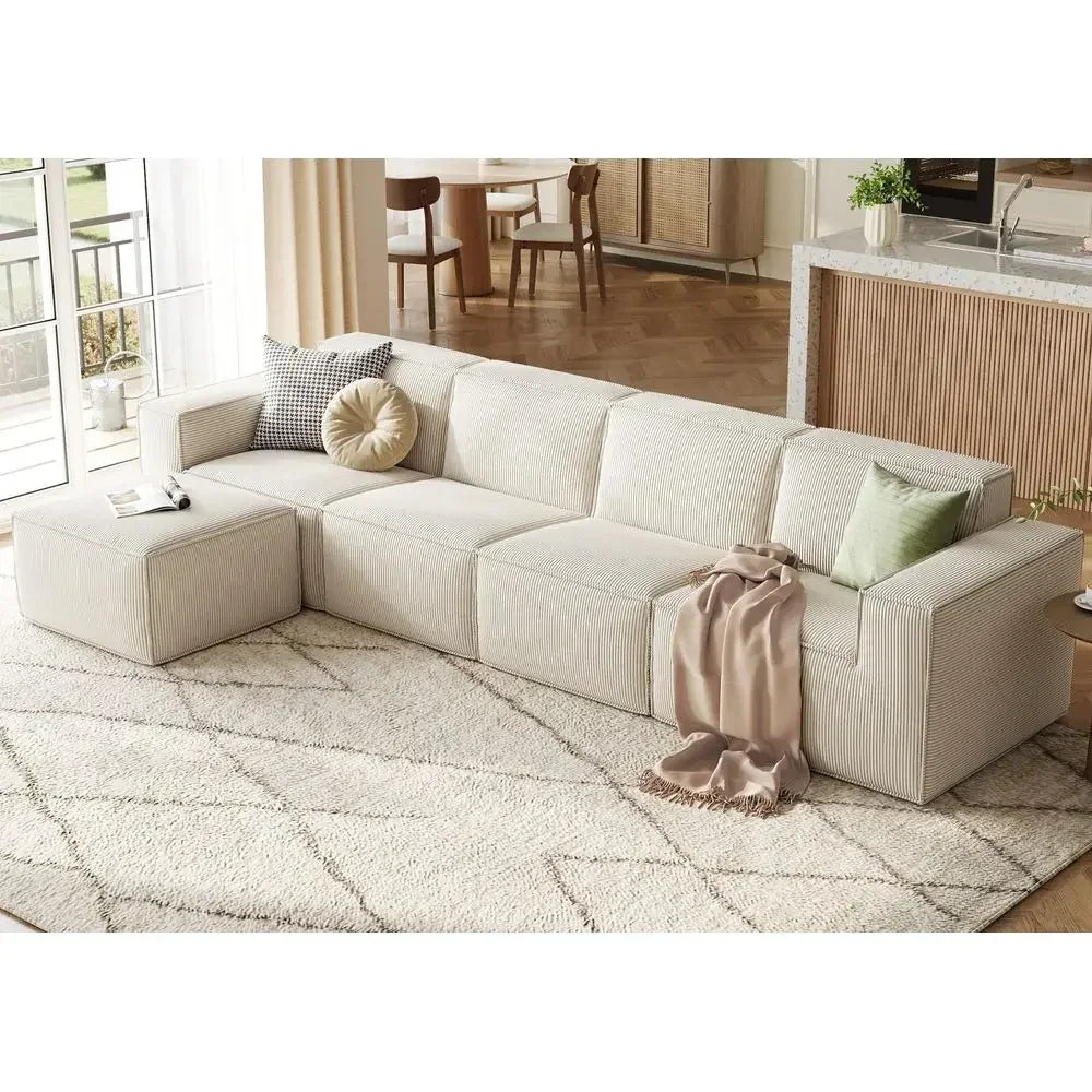 L Shaped 4 Seat Sectional Sofa, 134" Boneless Couch w/Movable Ottoman, Corduroy