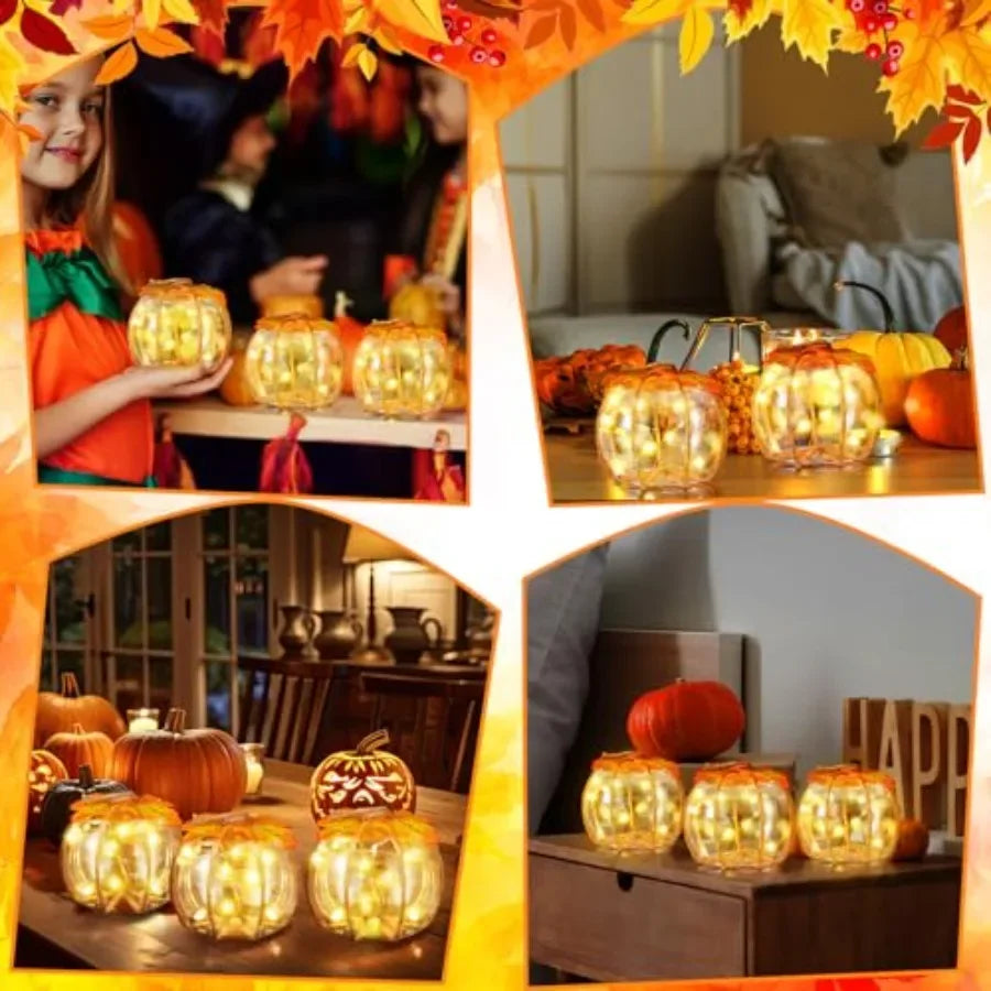 3pc Fall Glass Pumpkin Lights, Centerpieces Autumn Harvest Pumpkin, Battery