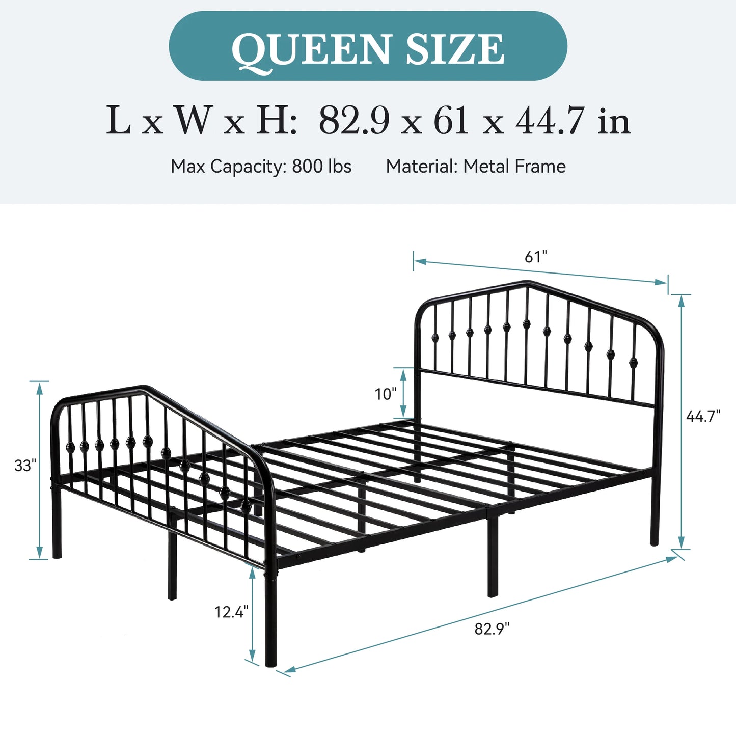 14'' Wrought Iron Bed Frame, Victorian Headboard & Footboard,
