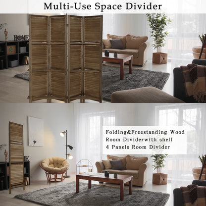5'.6" Brown 4 Panel Folding Room Divider w/Display Shelves