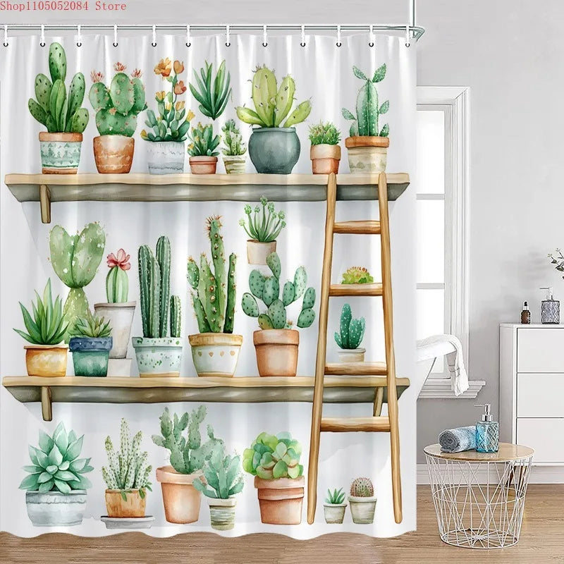 Cute Greenery Print Shower Curtain with Hooks