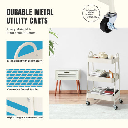 3 Tier Metal Storage Kitchen Cart with Lockable Wheels
