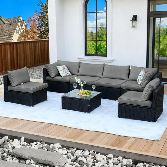 7pc Patio Sectional Wicker Sofa Set, All-Weather Cushions, Glass Table