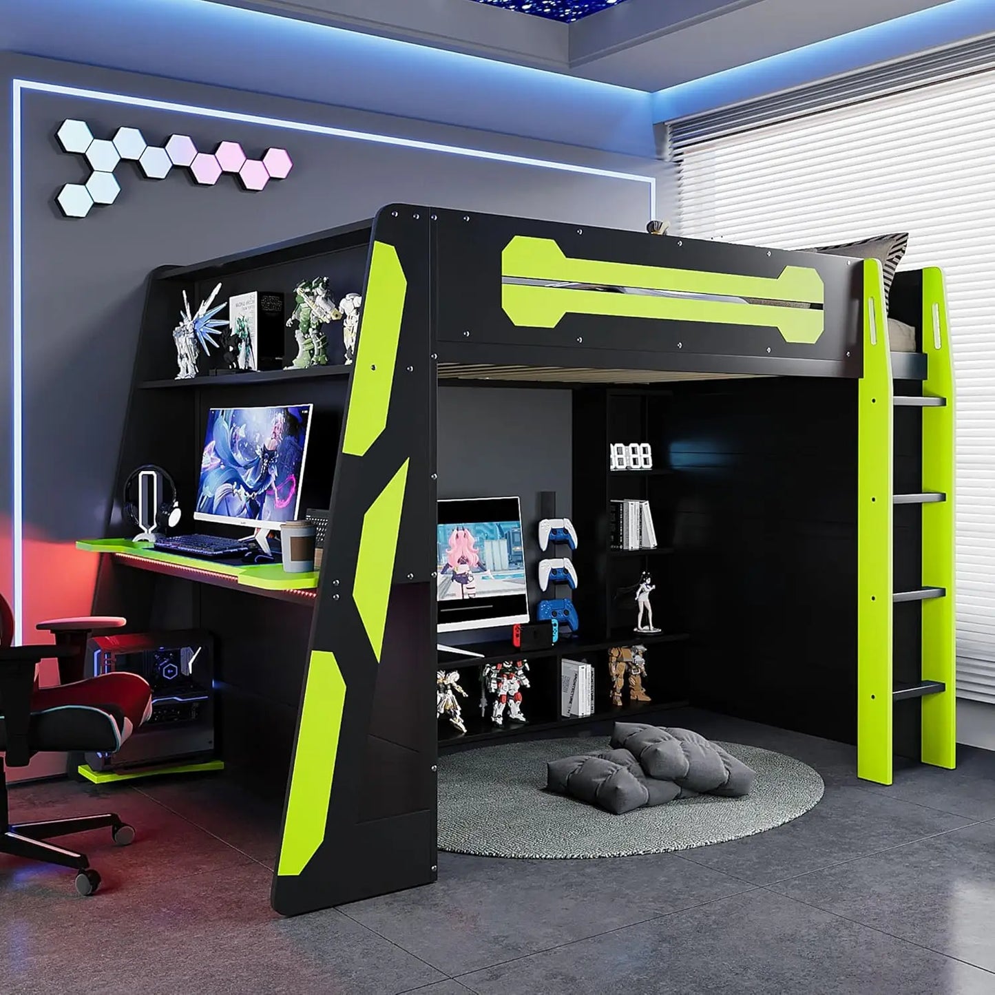 Full Wood Gaming Loft, Bed, Desk, Storage Shelves, LED, Charging