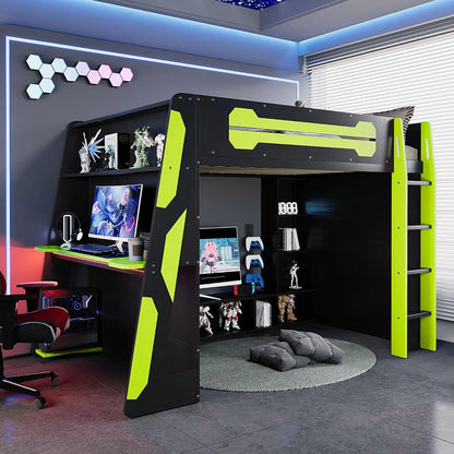 Full Wood Gaming Loft, Bed, Desk, Storage Shelves, LED, Charging