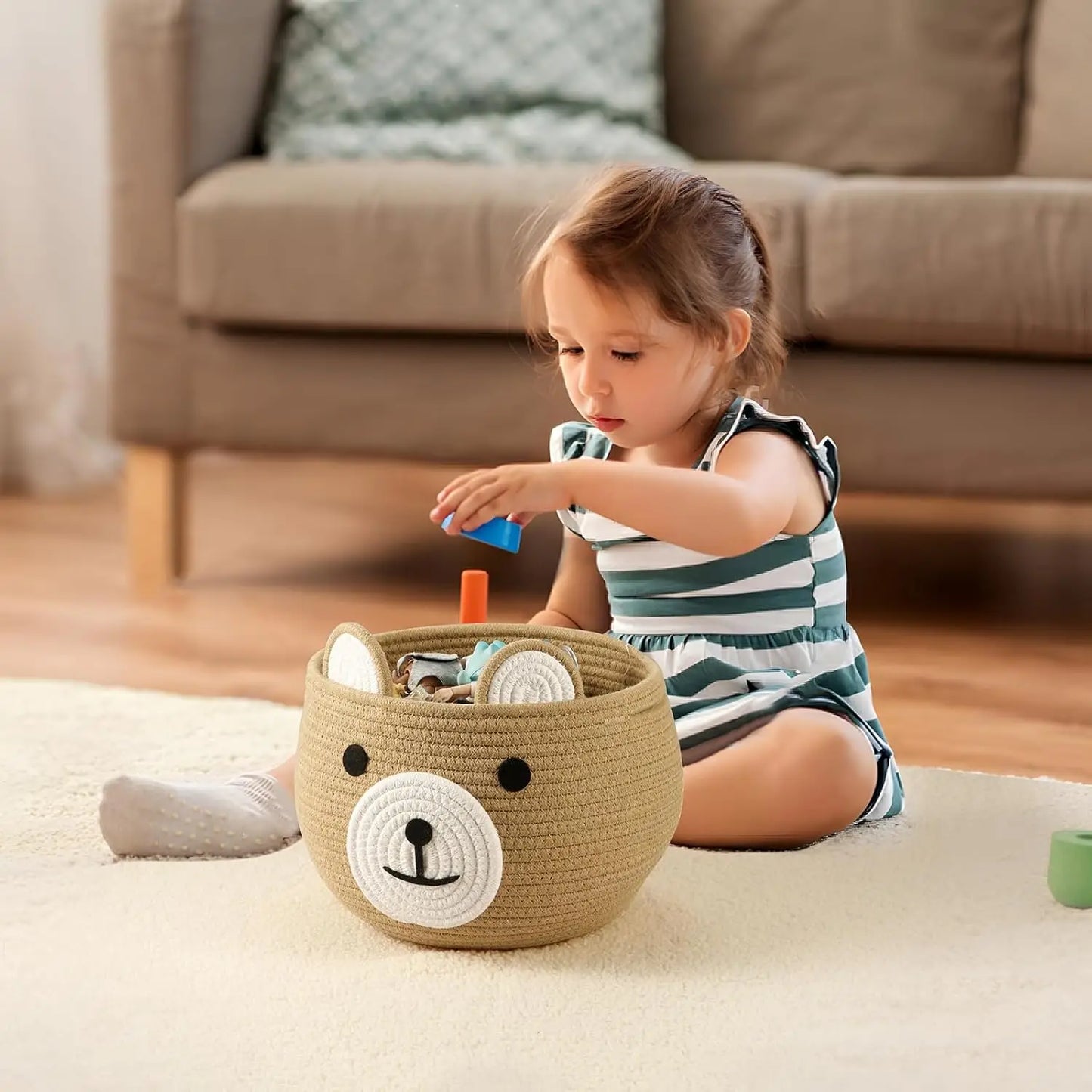 Cotton Rope Baby Basket with Bear Design