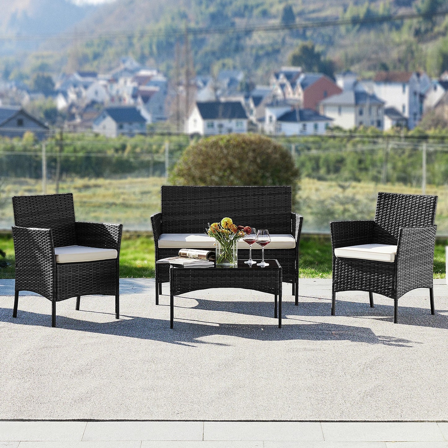 4pc Outdoor Wicker Furniture Set w/Soft Cushion and Glass Table