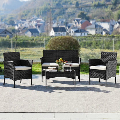 4pc Outdoor Wicker Furniture Set w/Soft Cushion and Glass Table