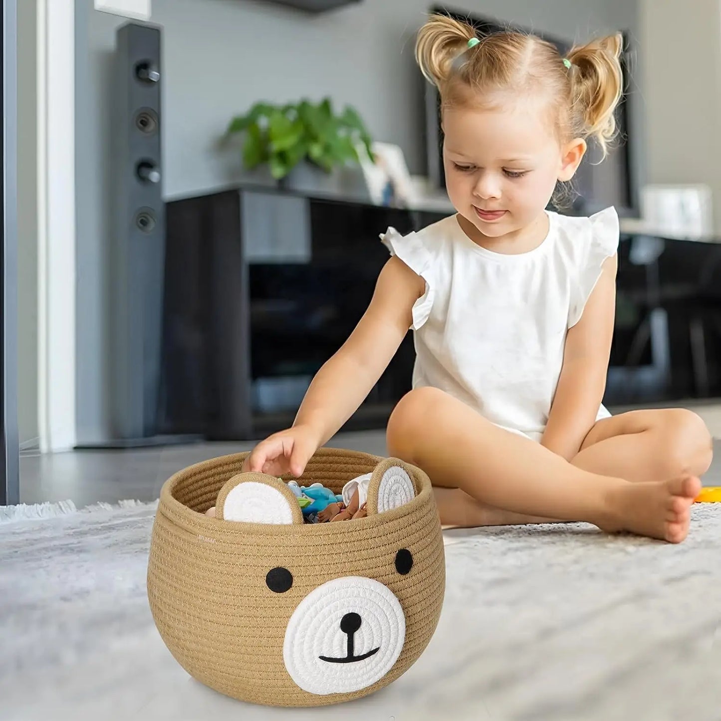 Cotton Rope Baby Basket with Bear Design