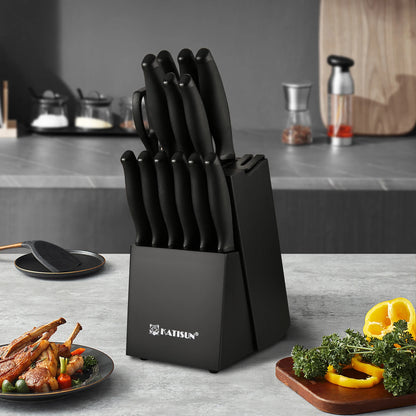 15 Pieces Carbon Steel Knife Set, Built-in Knife Sharpener,