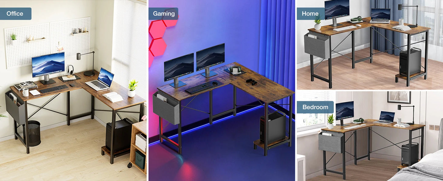 50" Corner Wooden Table with CPU Storage Shelf & Side Bag