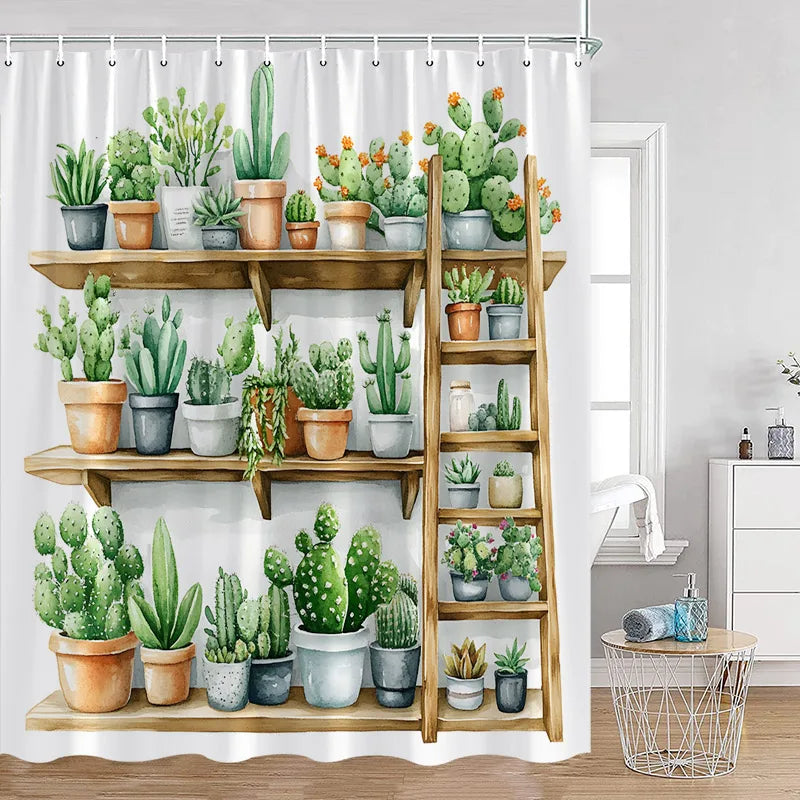 Cute Greenery Print Shower Curtain with Hooks