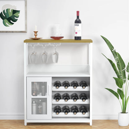 3-Tier Wine Bar Cabinet w/Adjustable Shelves & Glass Holders