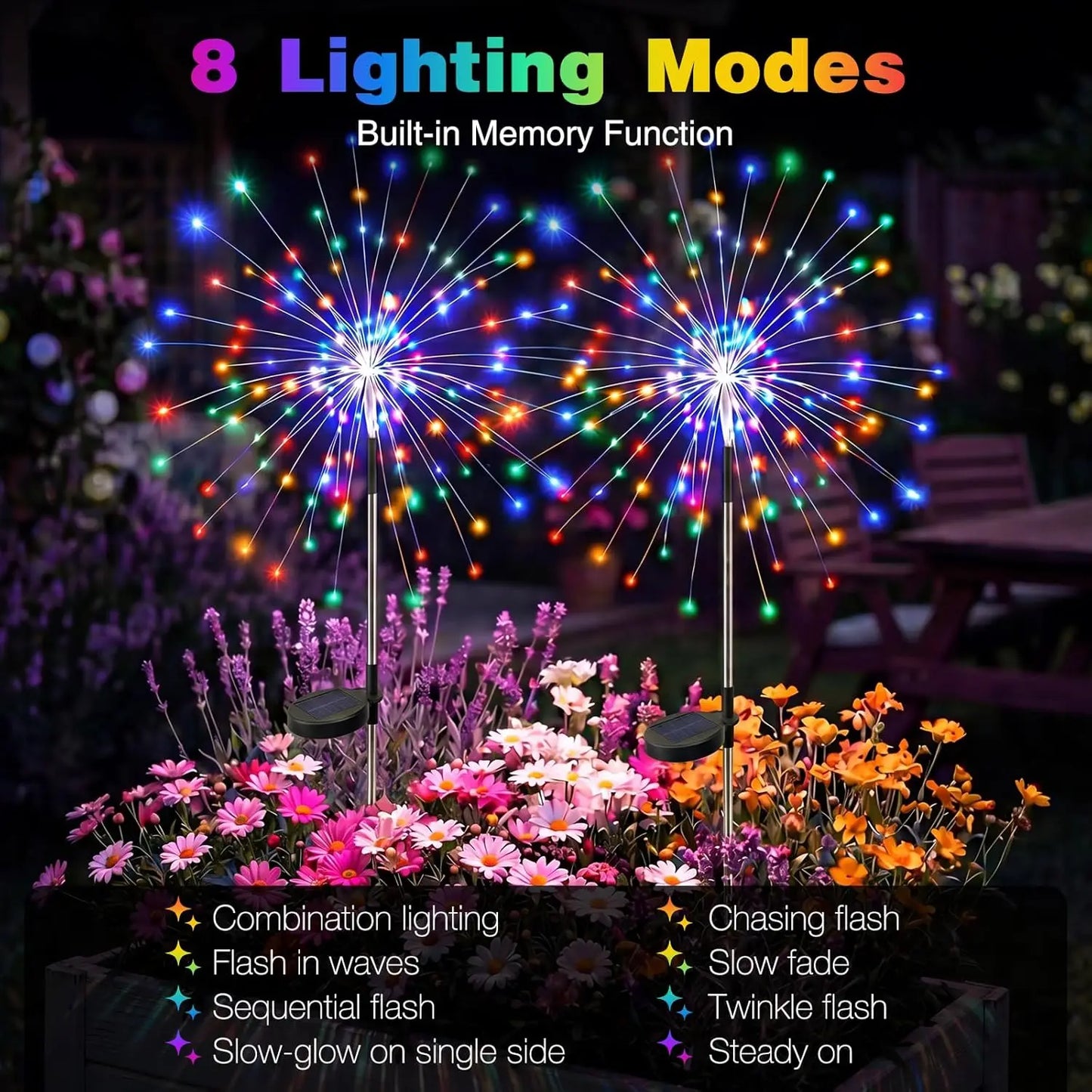 2pk Waterproof Solar Garden Lights, 8 Modes, 120 LED Firework Lights