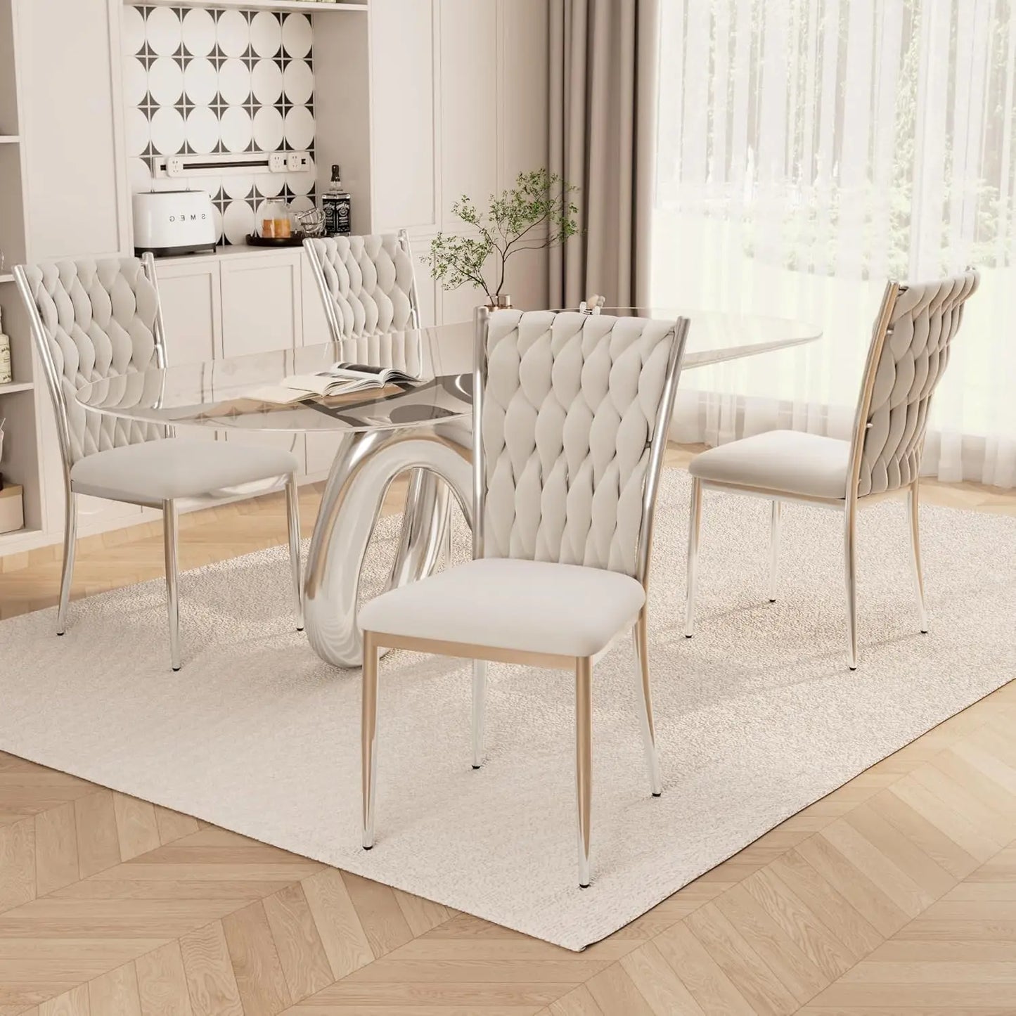 Set (4) Modern Velvet Upholstered Dining Chairs w/Gold Metal Legs