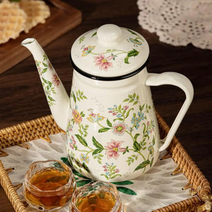 1.2L Enamel Stovetop Teapot with Vintage Floral Pattern