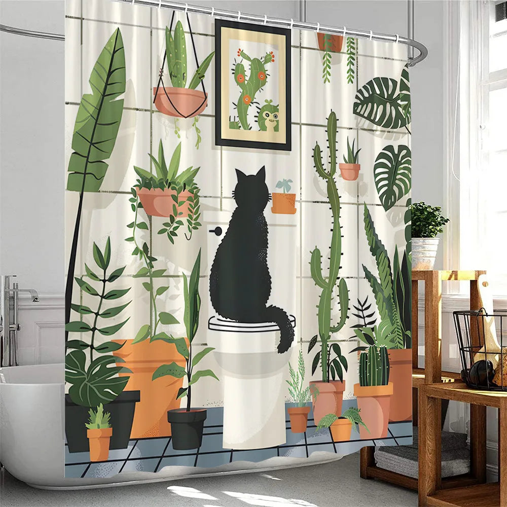 Cute Greenery Print Shower Curtain with Hooks