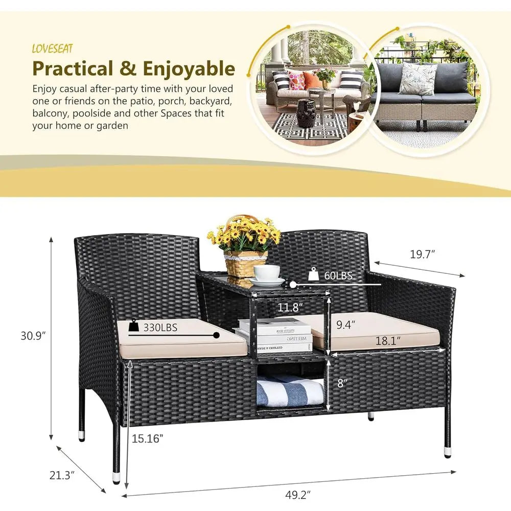 Modern Outdoor Patio Loveseat, with Cushions and Center Table
