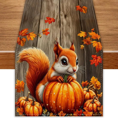 13"x90"Fall Harvest Pumpkin Squirrel Thanksgiving Day Table Runner with Maple Leaves