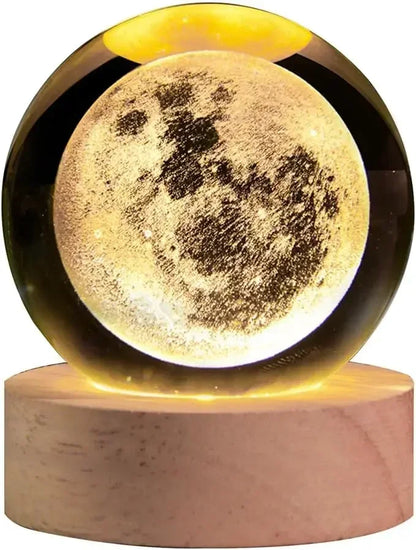 3D Moon Crystal Ball with LED Stand, Moon Glass Sphere Lamp, Space Planet Globe