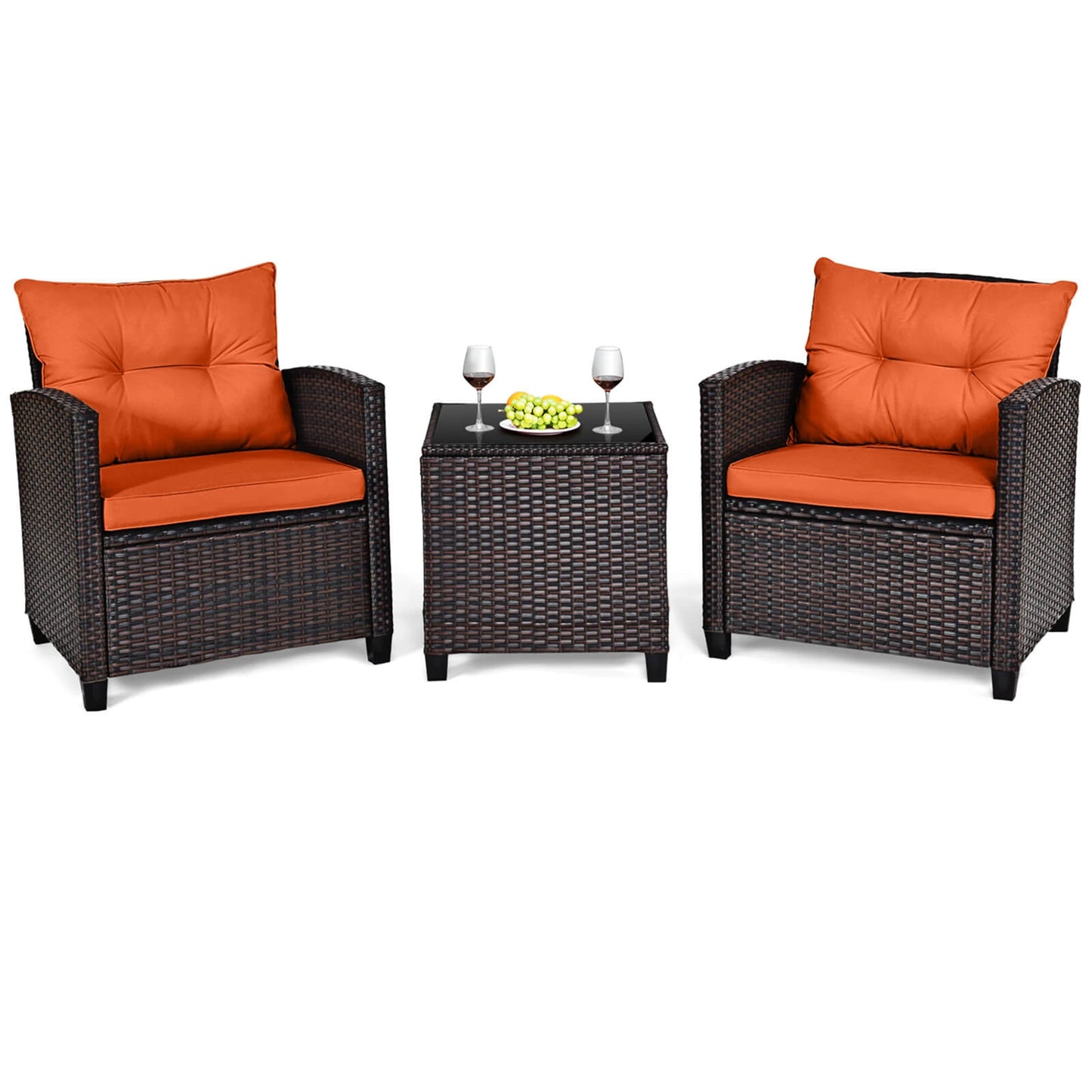 3pc Patio Rattan Patio Furniture, Cushions, Orange