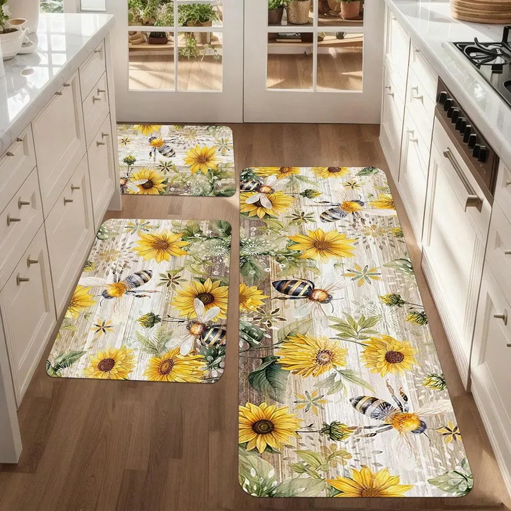 Bohemian Kitchen Mats, Bees and Sunflowers, Flannel Material with Anti-slip,