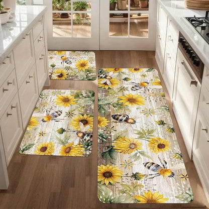 Bohemian Kitchen Mats, Bees and Sunflowers, Flannel Material with Anti-slip,