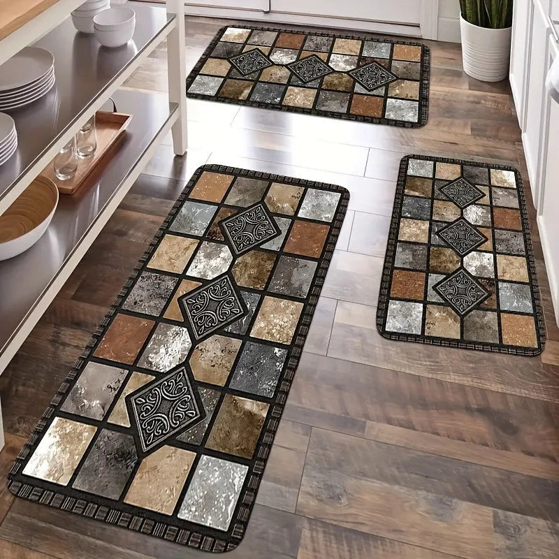 2D 3pcs Kitchen Mat Set, Classic Geometric Stone Mat, Retro Farmhouse