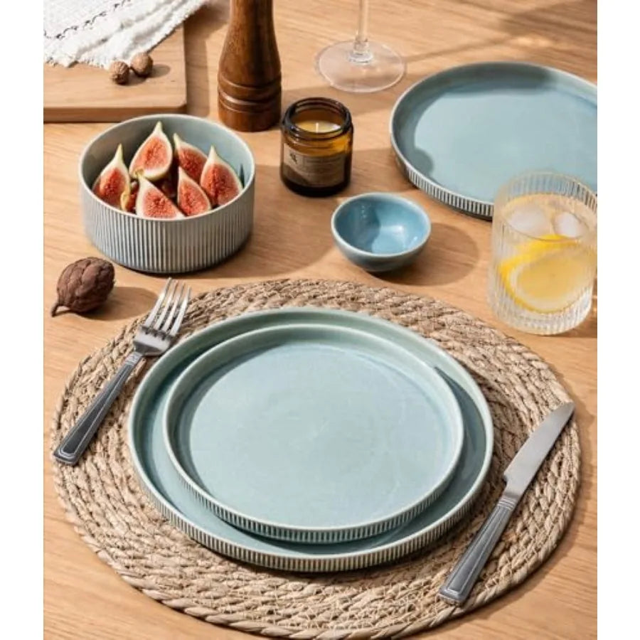 12pc Scratch-Resistant, Stoneware Set (4), Ribbed Ceramic Plates and Bowls