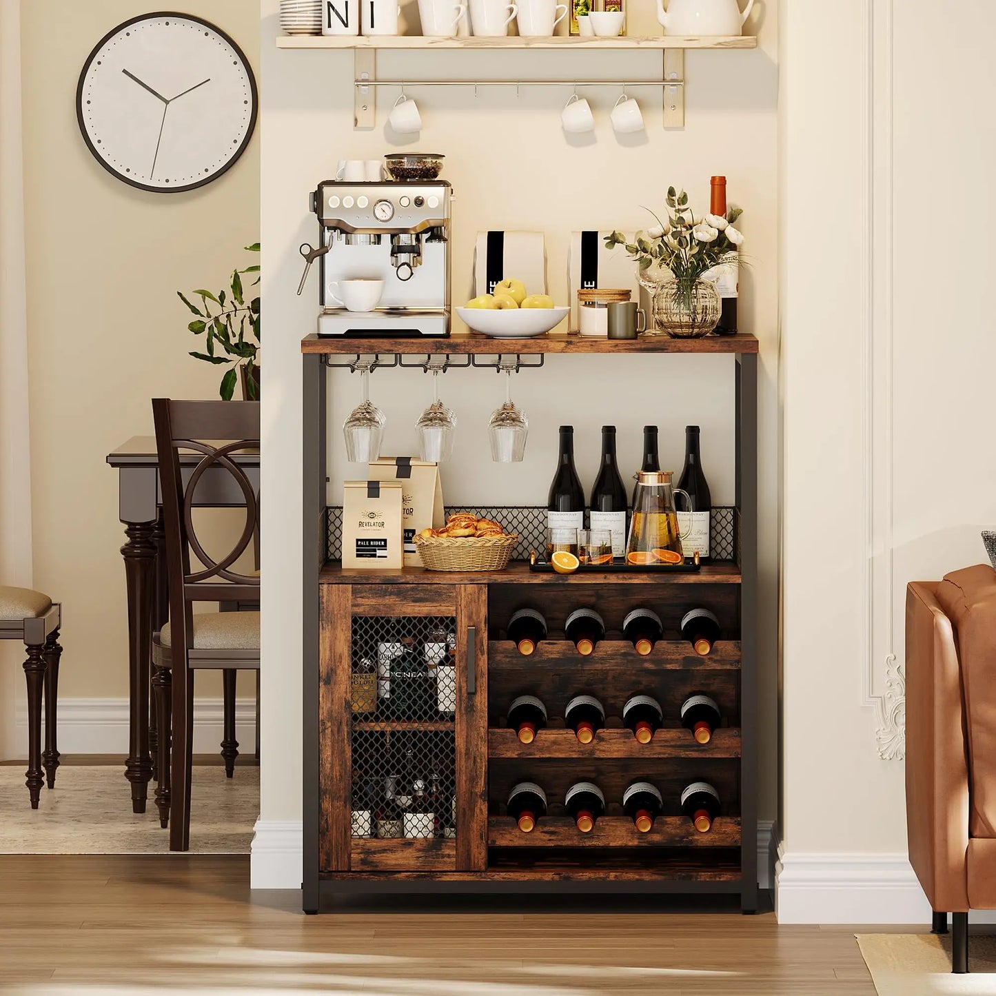 3-Tier Wine Bar Cabinet w/Adjustable Shelves & Glass Holders