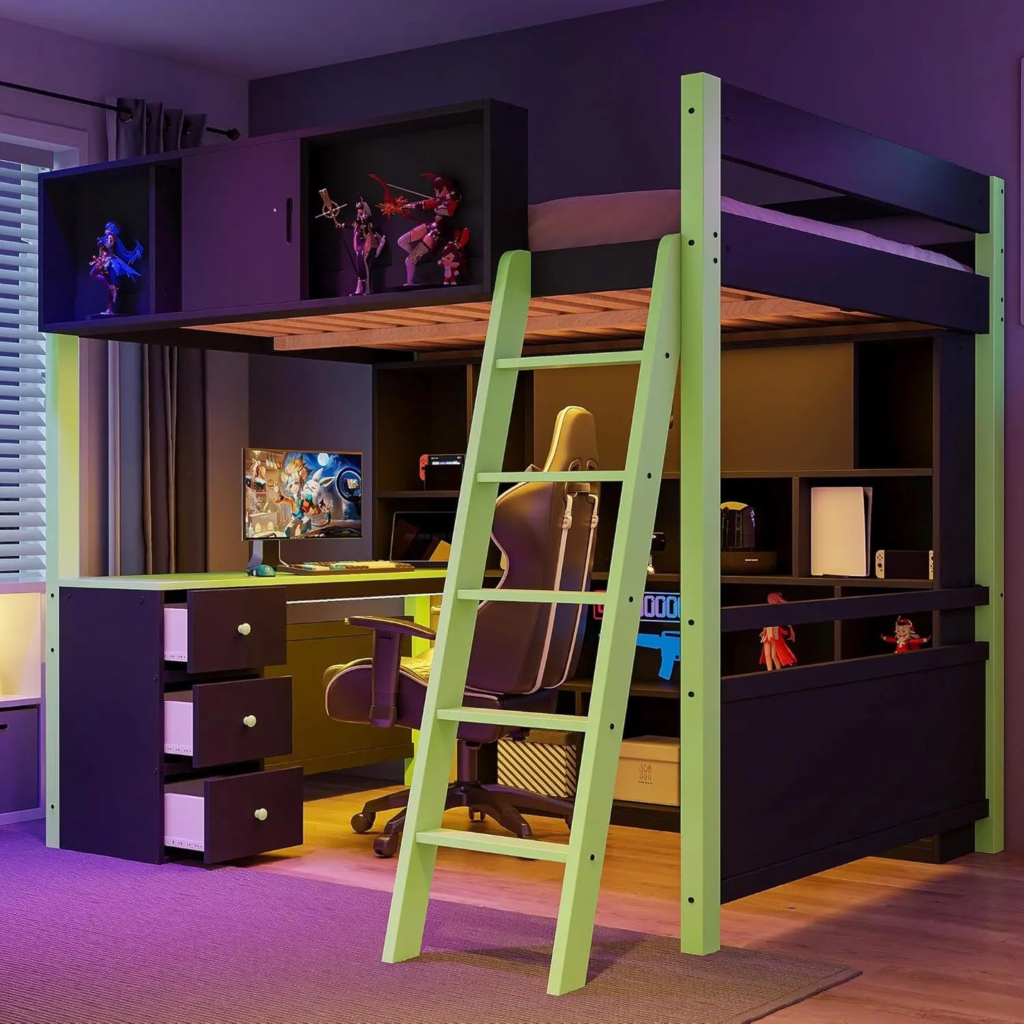 Full Wood Gaming Loft, Bed, Desk, Storage Shelves, LED, Charging