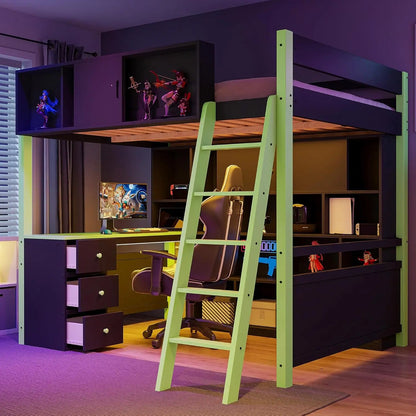 Full Wood Gaming Loft, Bed, Desk, Storage Shelves, LED, Charging