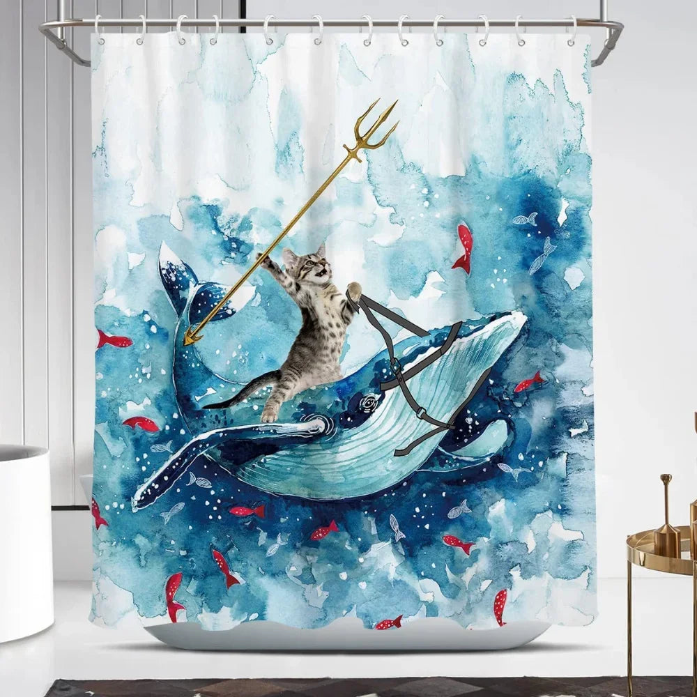 Cool Cat Riding Shark Seagull on Ocean Sea Blue Waves