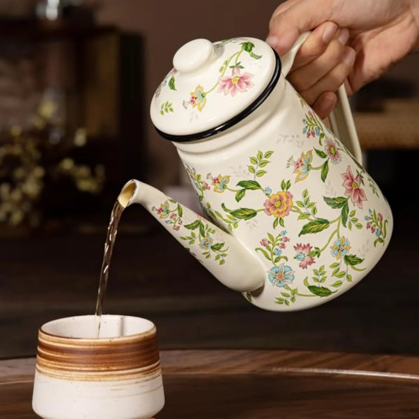 1.2L Enamel Stovetop Teapot with Vintage Floral Pattern