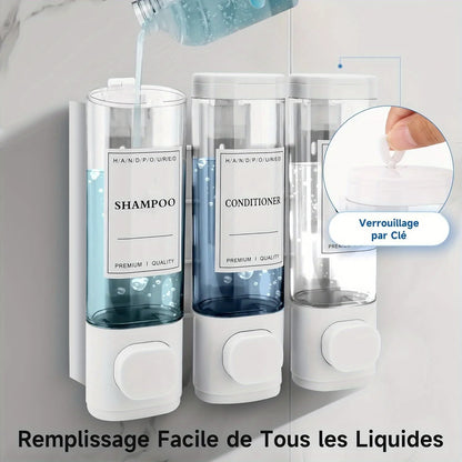 Wall-Mounted 3-in-1 Shampoo, Conditioner, Soap Dispenser, No Drilling