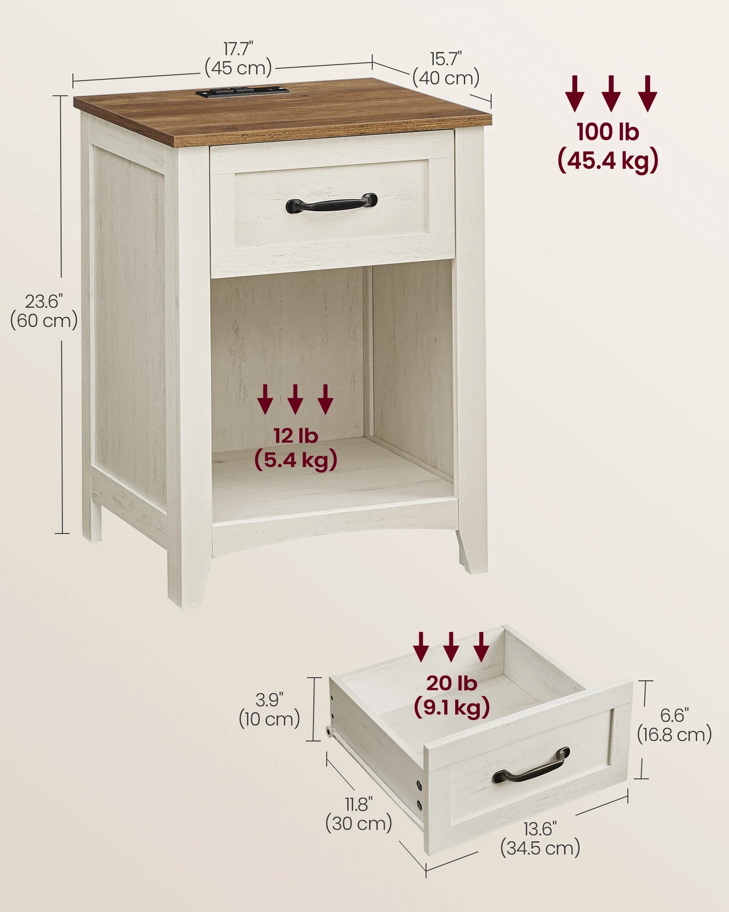 Farmhouse Nightstands w/Charging Station, Set of 2
