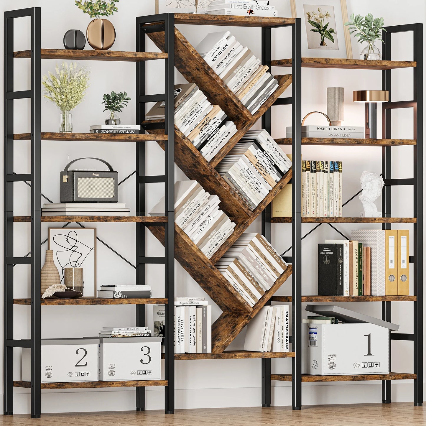 5 Tier Large Wooden Bookcase with 17 Open Display Shelves