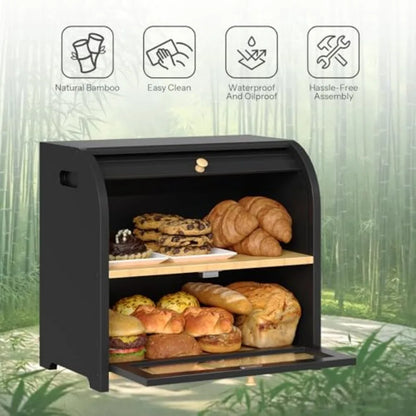 Bamboo Bread Box for Kitchen Countertop, 2 Tier Roll-Top Bread Bin