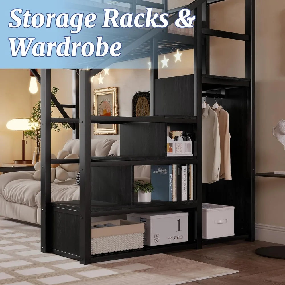 Full Size Metal Loft Bed with Stairs, Storage Shelves