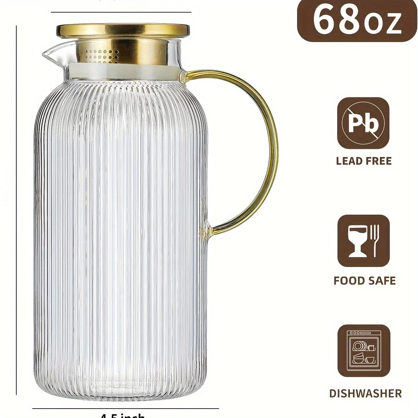 2/4pk Glass Pitcher 68 Oz/2 Liter Classic Vertical Stripes w/Lid