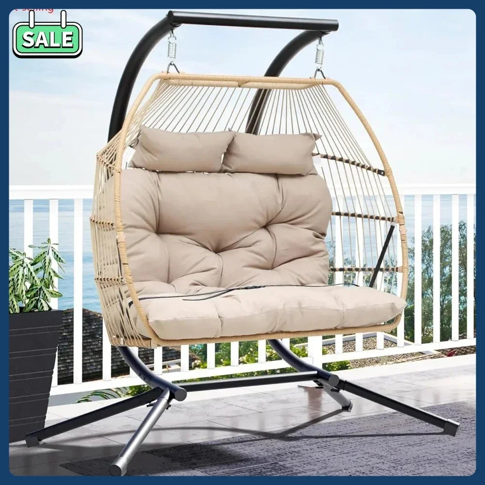 2 Person Hanging Wicker Egg Swing Chair with Stand