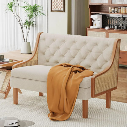 Modern Upholstered Loveseat with Natural Rattan Arms