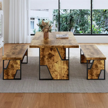 70.8 Modern Wooden Dining Table with 2 Benches,