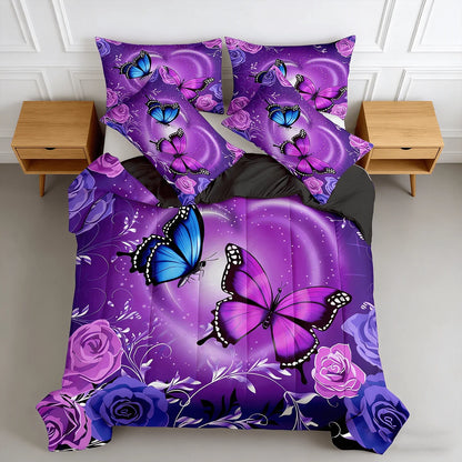 2/3pcs Purple Butterfly Rose Print Comforter Sets