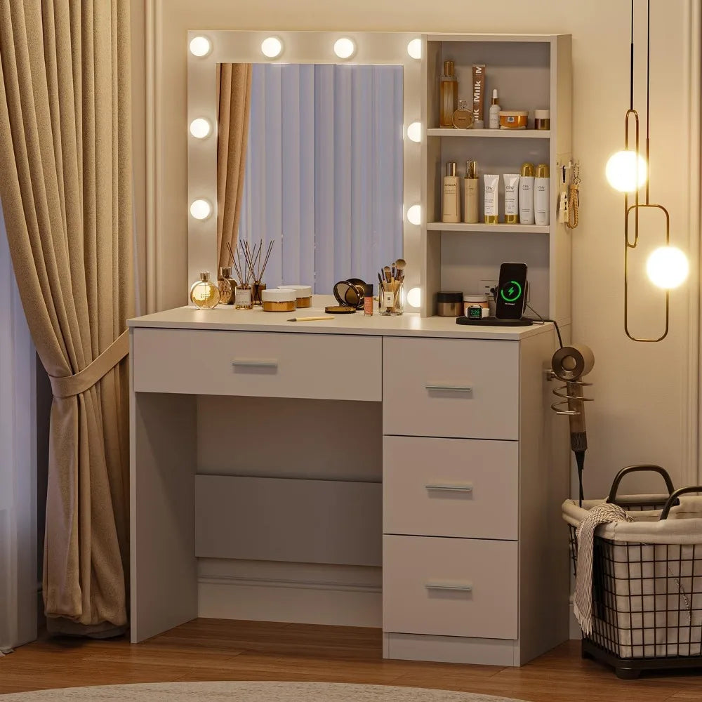 Makeup Vanity Desk w/LED Lighted Mirror, 4 Drawers Storage, Power Outlet
