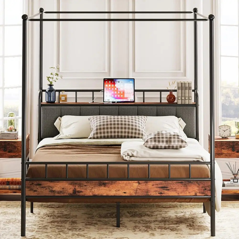 Queen Canopy Bed Frame, Storage and Headboard w/Charging Station