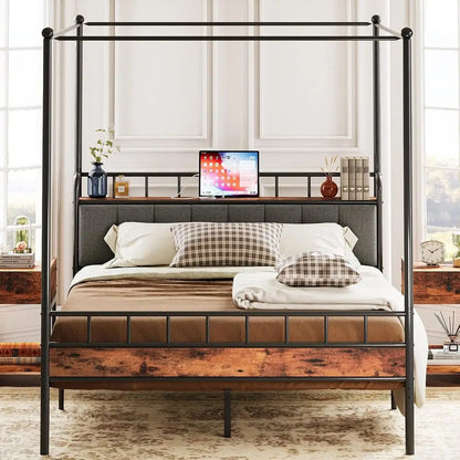 Queen Canopy Bed Frame, Storage and Headboard w/Charging Station