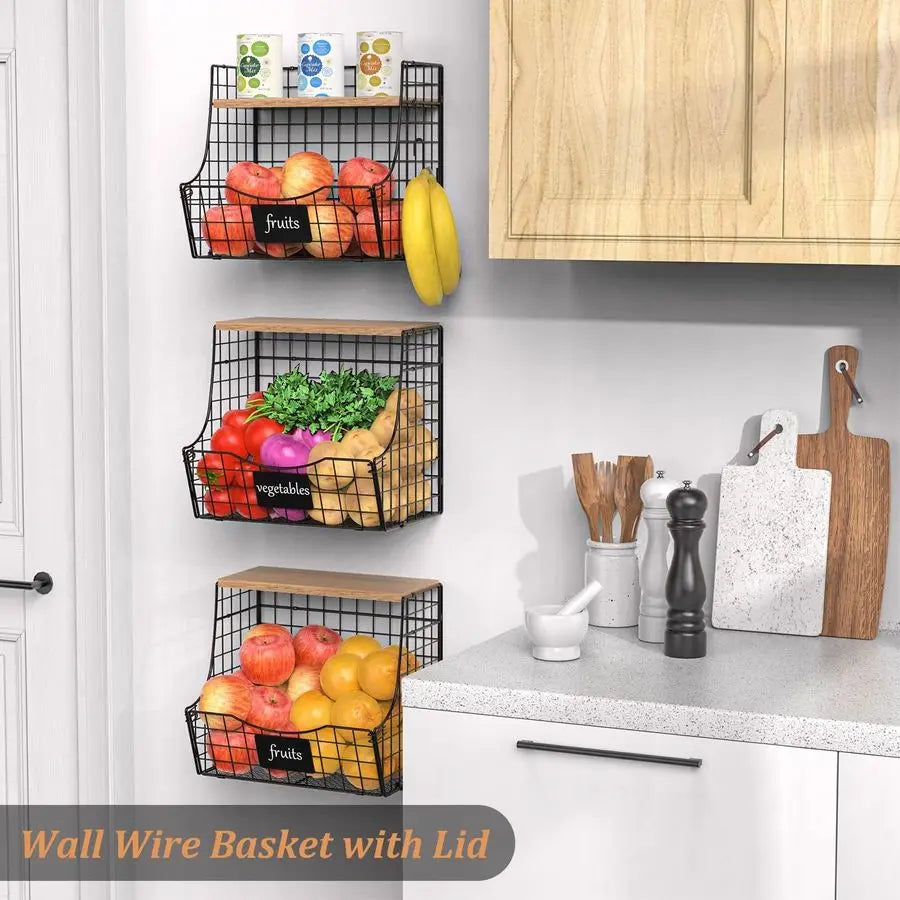 3 Produce and General Kitchen Storage Wire Baskets w/Lids