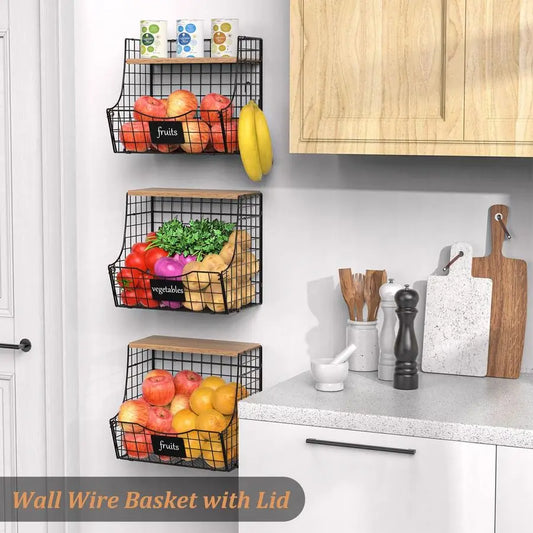 3 Produce and General Kitchen Storage Wire Baskets w/Lids