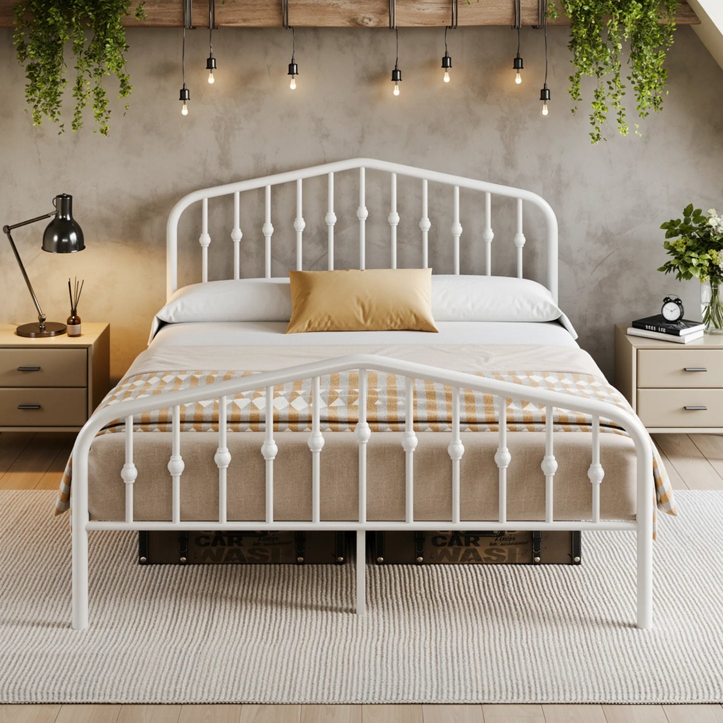 14'' Wrought Iron Bed Frame, Victorian Headboard & Footboard,
